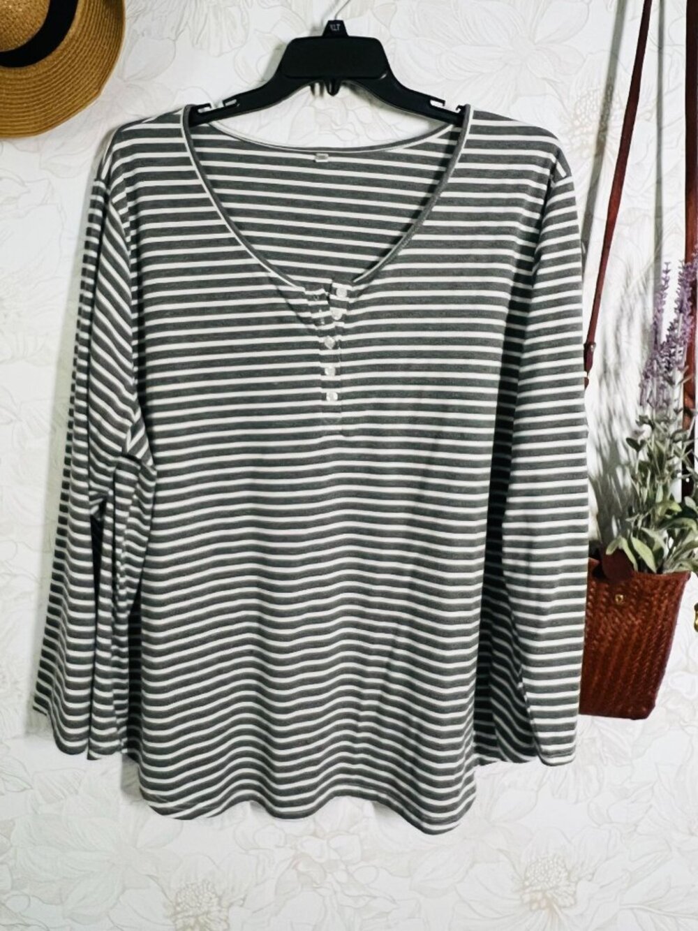 Striped Long Sleeve Henley Shirt 5XL Gray & White Polyester/Spandex Blend